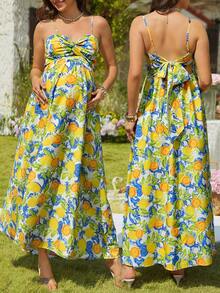 SHEIN Fashionable Lemon Print Backless Bow Tie Strap Dress - Multicolor - View 1