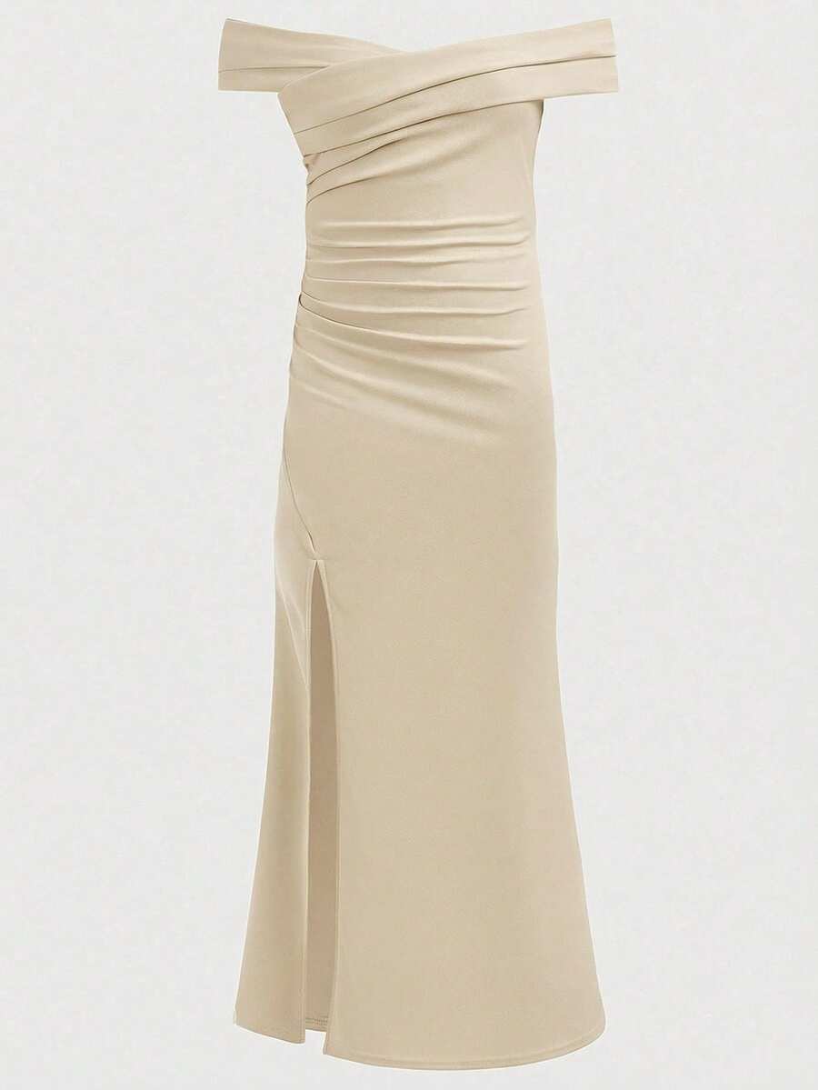 Girlism 少女纯色露肩荷叶边开衩时尚派对连衣裙 - 杏色 - 查看 1