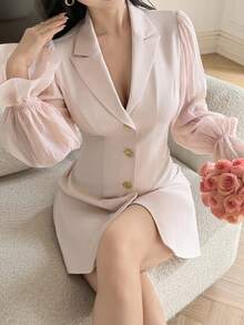 Feyla 女士纯色翻领单排扣褶裥优雅腰身鸡尾酒会迷你连衣裙 - 粉色 - 查看 2