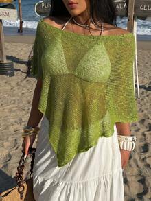 Sunnyshic 女士绿色镂空露肩休闲轻薄针织披肩，适合夏季度假 - 綠色 - 查看 6