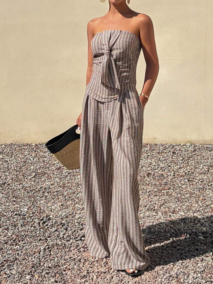 Women's Striped Bandeau Top And Wide Leg Loose Pants 2 Pieces Set, Casual Vacation Style