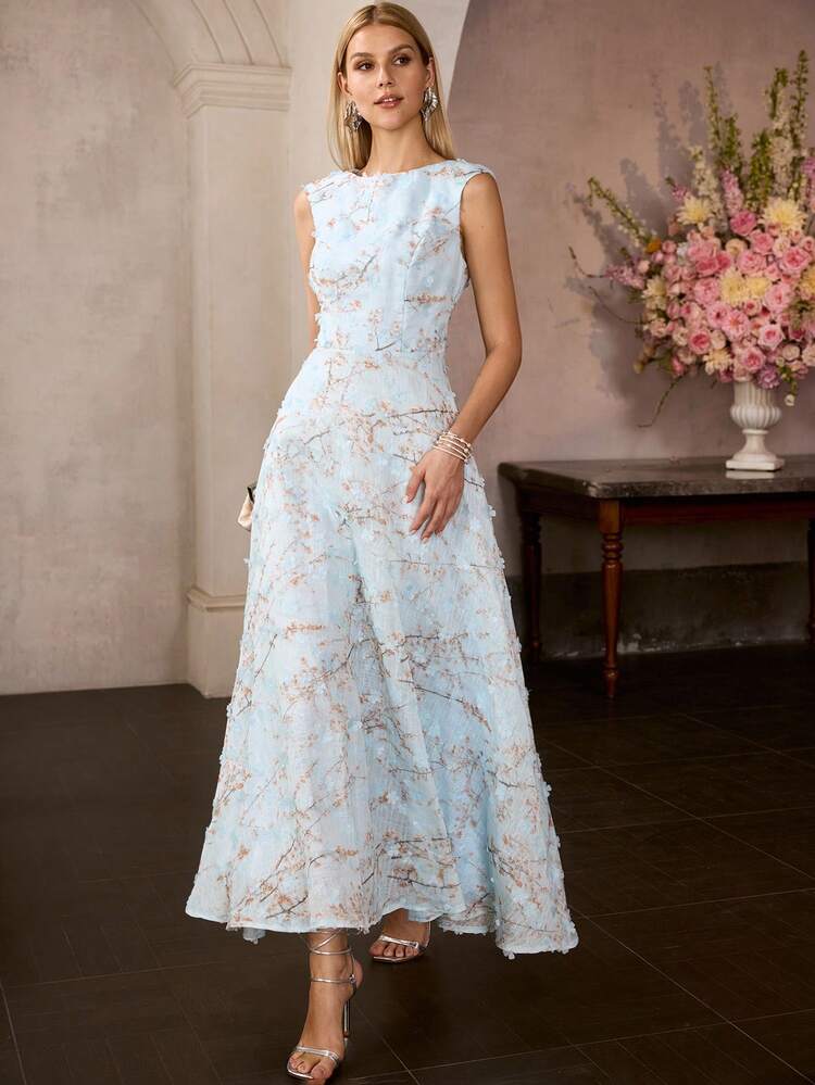 MOTF Soiréza WOMEN'S NEW BLUE ROUND NECK WOVEN TEXTURED SLEEVELESS ELEGANT REFRESHING FORMAL DRESS, HIGH-END EVENING GOWN