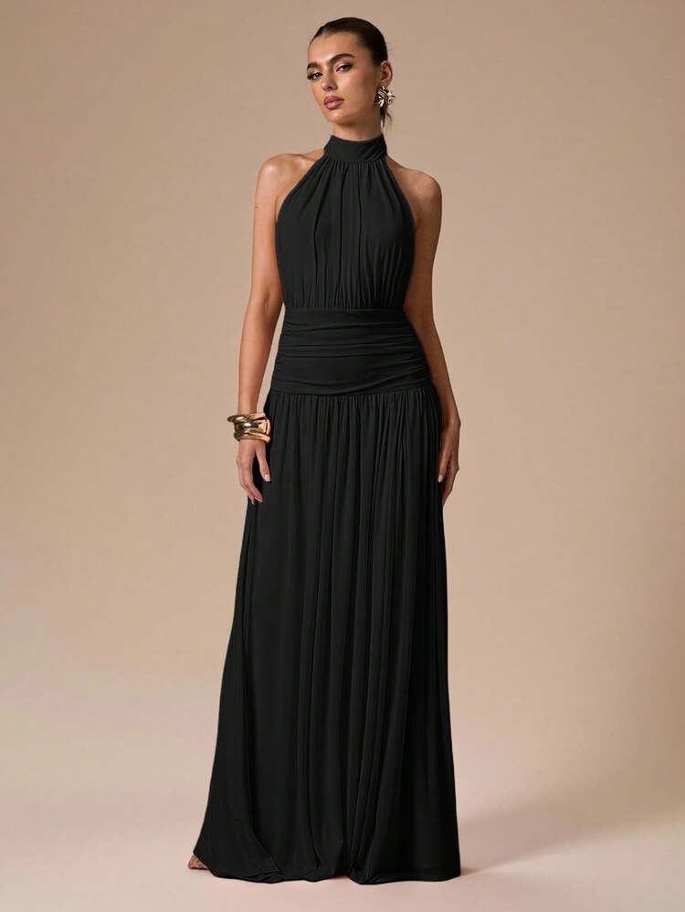 SHEIN BAE Vestido Longo Elegante Feminino Rosa Sólido com Decote Halter, Franzido, Costas Abertas, Fenda Alta, Adequado para Coquetel, Encontro Romântico, Reunião, Evento Formal, Vestido de Dama de Honra, Vestido de Festa, Natal, Ano Novo, Dia dos Namorados, Vestido de Verão, Chá da Tarde - Preto - Visão 6