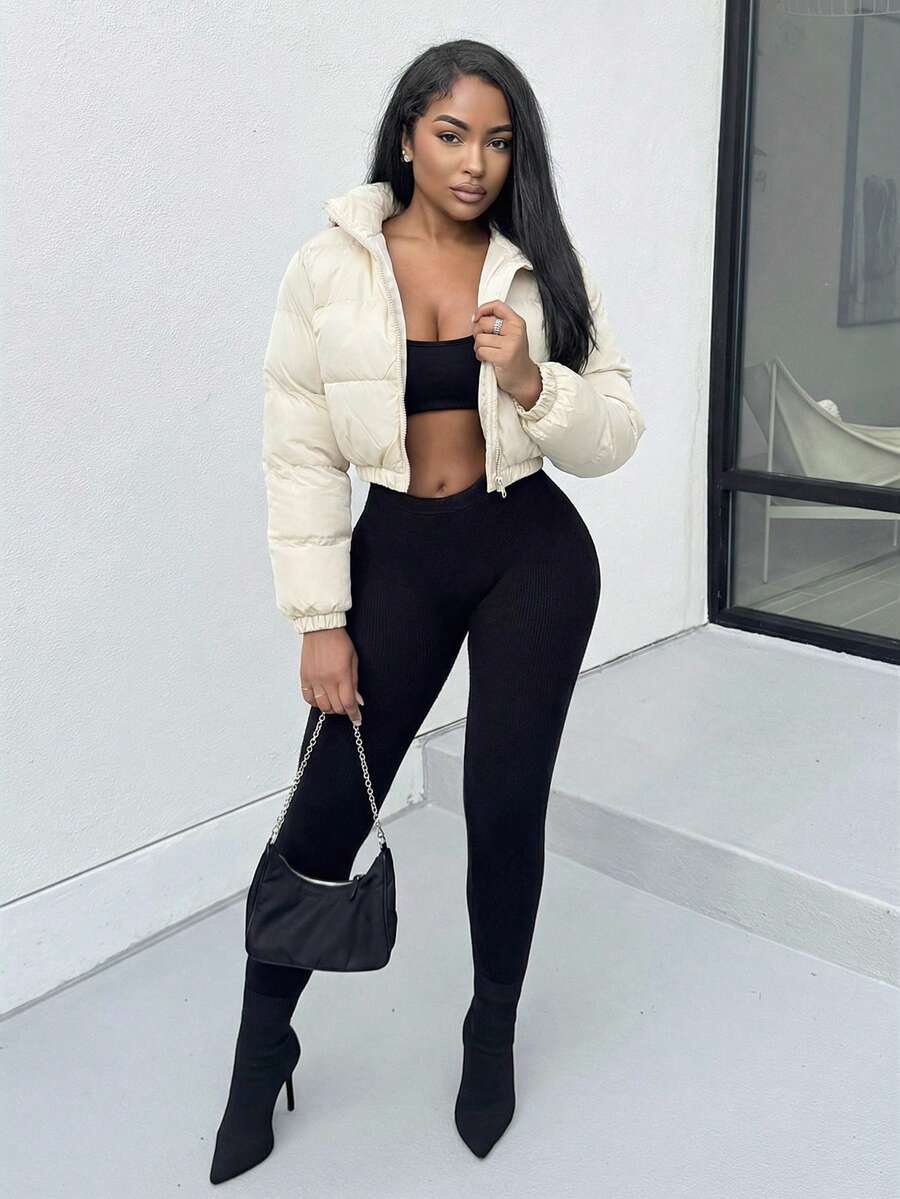 Alexandranx Casual Solid Color Hooded Cropped Winter Jacket ,Petite Women - Beige - View 1
