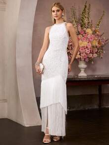 MOTF Soiréza ELEGANT HIGH-END BACKLESS CONTRAST LACE FRINGE HEM COCKTAIL DRESS, SPRING/SUMMER - White - View 6