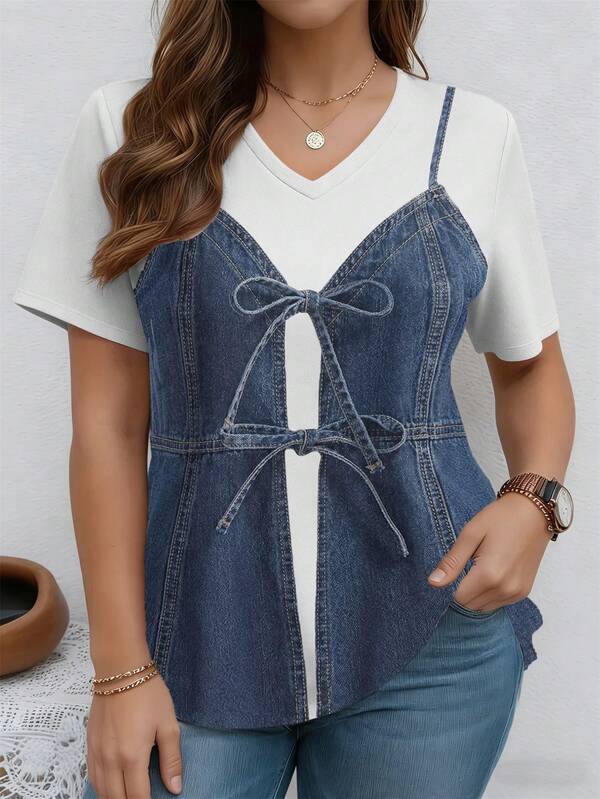 EMERY ROSE Plus Size V-Neck Short Sleeve T-Shirt With Printed Graphic Design