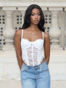 Mima John 女士夏季节日俱乐部服装性感 Y2K 音乐节蕾丝黑色修身紧身衣 - 白色 - 查看 1