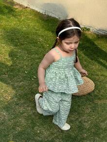 SHEIN LMoss Kids 女婴可爱碎花吊带背心和松紧腰裤套装，夏季 - 綠色 - 查看 6