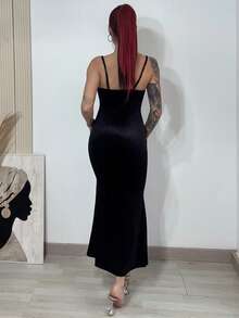 Bearsaez 1pc Women Solid Color Ruffle Fishtail Hem Elegant Spaghetti Strap Dress For Holiday Party Clothes Maxi Velvet Women Outfit - Black - View 2