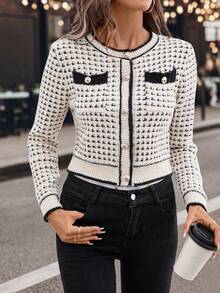 Solivie Áo len cardigan cổ tròn tay dài màu tương phản vừa vặn cho nữ, áo khoác cài nút phía trước, áo len cardigan mùa thu cho nữ, áo cardigan cài nút mùa thu cho nữ, áo dài tay - Đen và trắng - Xem 5