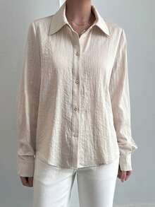 DAZY Women's Casual Loose Fit Long Sleeve Shirt, Suitable For Summer, Holidays, Commuting, Spring, Easter - Khaki - View 3