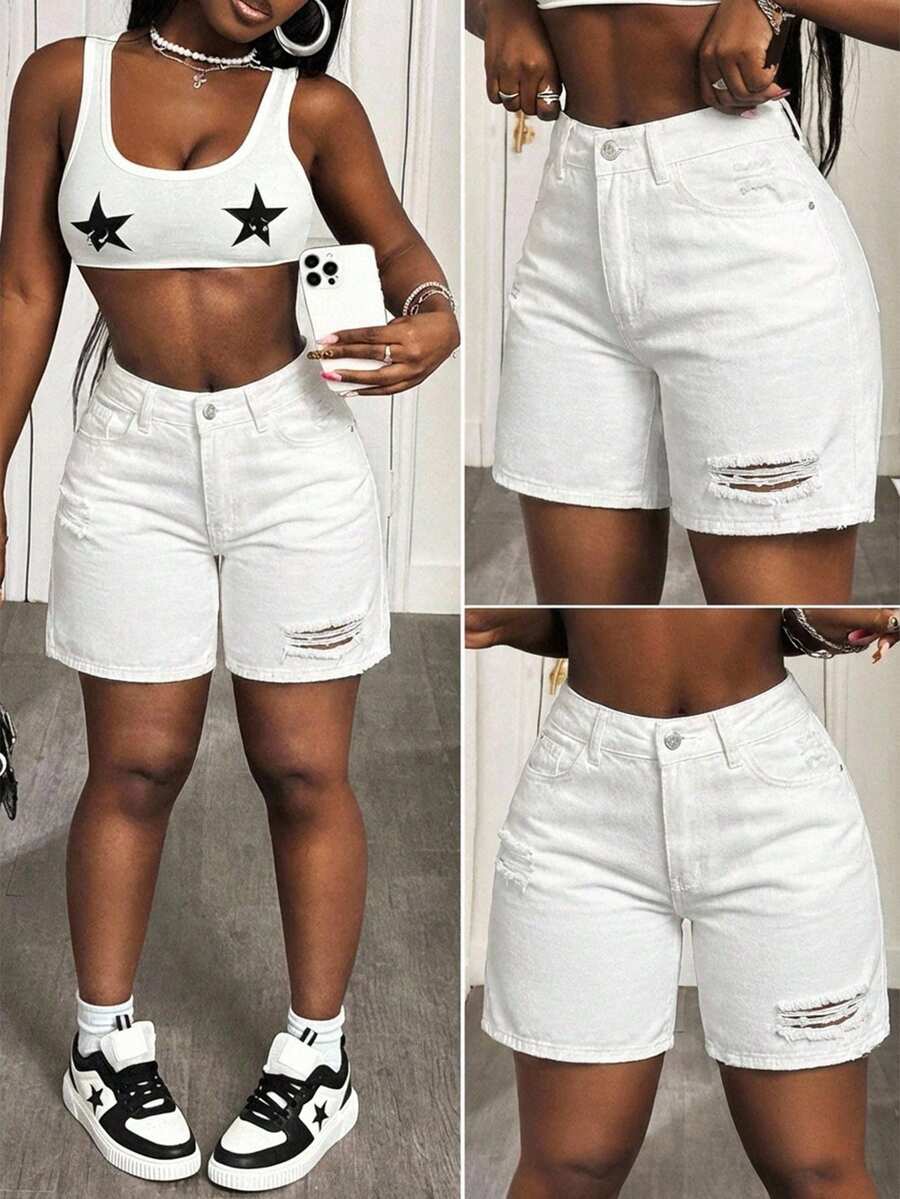 Slaydiva Casual Solid Color Distressed Multi-Pocket Denim Shorts - White - View 1