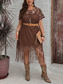 SHEIN LUNE Gaun Renda Rumbai Kasual Ukuran Besar - Coffee Brown - View 3