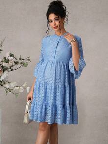 Momance Elegant Loose Fit Maternity Dress With 3/4 Ruffle Sleeves And V-Neck - Blue - View 7