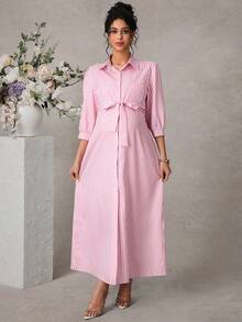 SHEIN 孕妇条纹印花长袖衬衫裙 - 粉色 - 查看 4