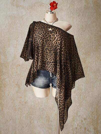 SHEIN ICON Plus Size Retro Sexy Casual Beach Vacation Millennial Style Y2K Fashion Individual Modern Urban Avant-Garde Bold Music Festival Bohemian Style Leopard Print Asymmetrical Hem Loose Top, Going Out Tops