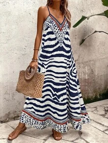 SHEIN PETITE 女士斑马纹V领无袖A字连衣裙，优雅休闲度假通勤时尚约会街头复古百搭派对连衣裙，春夏秋季 - 藍白色 - 查看 5