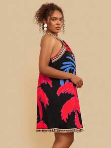 Travachic Plus Size Tropical Print Backless Halter Dress, Casual Holiday Style, For Summer,Beach Dress Sundress,Holiday Outfits, Summer Dresses - Multicolor - View 7