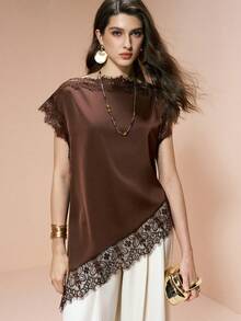 Arave 女士优雅纯色蕾丝拼接不对称下摆衬衫，夏季 - 棕色 - 查看 7