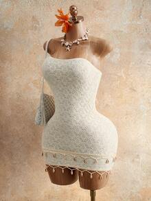 Mistrie 女士优雅无肩带短款抹胸修身迷你连衣裙，镂空纹理面料，夏季连衣裙，性感精致，饰有串珠流苏，是度假、海滩、婚礼和派对的完美之选 - 杏色 - 查看 6