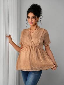 Momance 孕妇条纹印花V领裹身荷叶边下摆休闲短袖衬衫 - 卡其色 - 查看 4