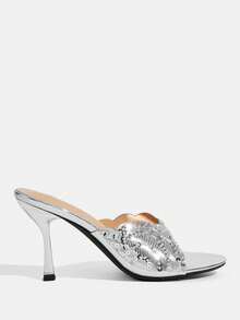 CUCCOO TILAWA Giày sandal cao gót lấp lánh, thanh lịch dành cho nữ, thích hợp cho mùa hè. - Bạc - Xem 11