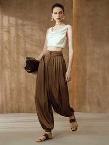 Arave Women's High Waist Loose Fit Acetate Satin Pleated Relaxed Elastic Waist Daily Commute Pants - Coffee Brown - View 7