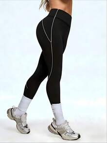 Eassivo Eassivo Quần legging thể thao ôm sát, cạp cao, thoải mái, thoáng khí, phối màu tương phản. - màu đen - Xem 4
