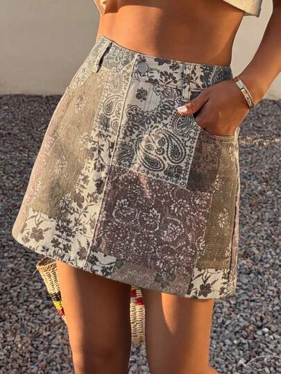 Livesso Spring & Summer Botanical Floral All-Over Print Geometric Gradient Design Patchwork Music Festival Sexy Lady Valentine's Day Women Denim Mini Skirt