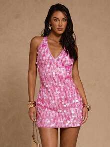 Glamine Women's Short Dress, Vibrant Orange Sequin Elegant Party, Date, Holiday, New Year Outfit,Spring To Summer,Spring Outfit,Spring Clothes,Summer Outfits For Women,Summer Vacation Outfits,Fasching Women Costume,Beach Dress,Easter ,Yacht Party,Sea ​​Party Clothing,St Patrick's Day Women,Going Out Outfits, Beach Vacation Outfits For Women ,Festival Women's Summer Dresses Women's Sequin Dress Women's Halter Dress Vacation Party Dress Summer Cocktail Dress - Pink - View 8