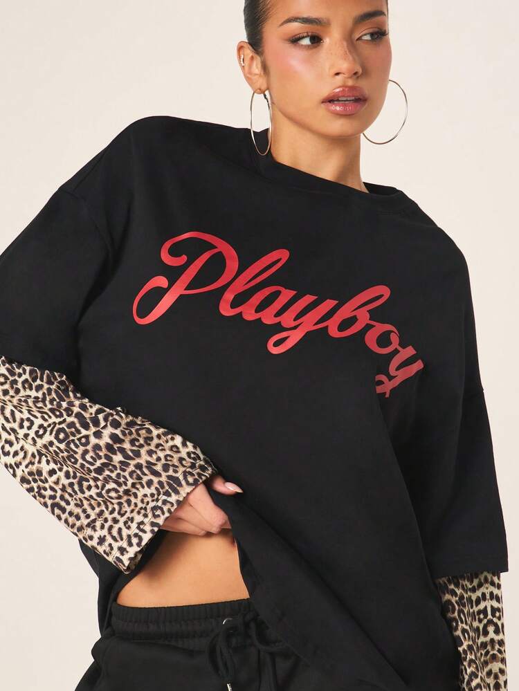 Missguided x Playboy Women's Oversized Double Layer Black T-Shirt With Leopard Print Long Sleeves And Logo Script Text Design Casual Streetwear