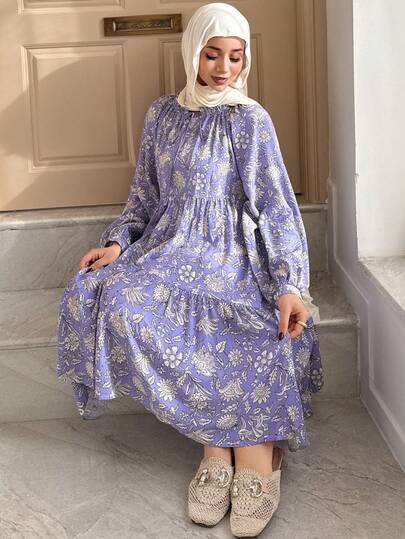 DAZY Vacation Style Floral Print Ruched Tie Neck Lantern Sleeve Loose Women Nightgown