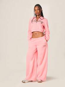 Missguided x Playboy 女士豹纹印花长袖抽绳连帽拉链卫衣，适合秋冬季休闲穿着 - 粉色 - 查看 4