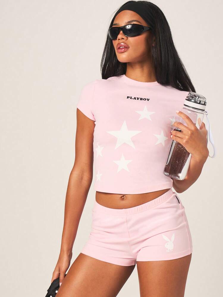 Missguided x Playboy Star Print Fitted Short Sleeve Crew Neck T-Shirt With Black Text Logo Cotton Blend Top