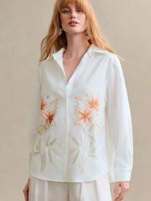 Arave Women's Lily Floral Print Blouse,Orange And White Elegant Long Sleeve Lapel Collar Loose Fit Top,Retro Country Style Autumn Tea Party Casual Shirt - White - View 5