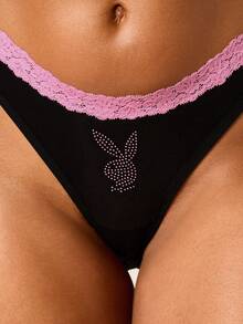 Missguided x Playboy 镶钻兔子标志丁字裤，蕾丝边饰，高开衩侧边，适合私密场合 - 黑色 - 查看 4
