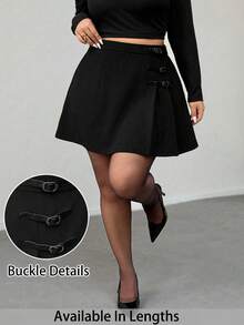 SHEIN Tall CURVE 大码夏季休闲日常穿搭纽扣装饰A字裙，黑色半身裙，女士半身裙，春季女装，情人节女装，毕业典礼，优雅 - 黑色 - 查看 1