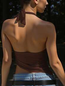 INAWLY Solva Sexy Solid Color Asymmetric Hem Backless Halter Neck Top, Summer - Coffee Brown - View 2