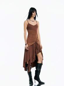Airlisse Đầm hai dây thời trang mùa hè với dây chéo eo và vạt bất đối xứng. - màu nâu - Xem 5