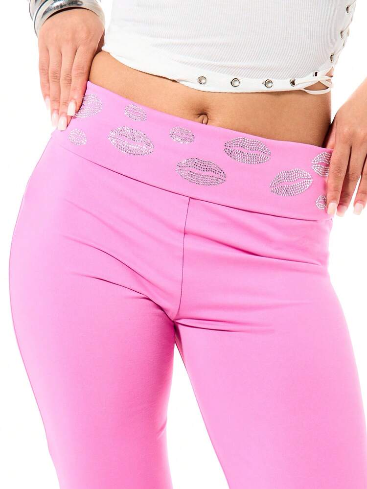 SUMWON WOMEN High Rise Pink Flared Leggings With Rhinestone Detail