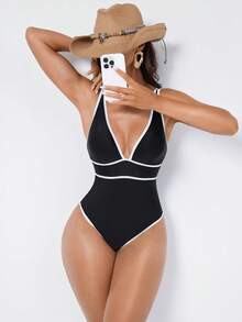 Shapewave Women's Plunging V-Neck One-Piece Swimsuit - Black and White - View 7