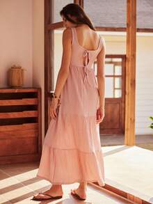 波西米亚风U领露背蝴蝶结荷叶边下摆长款睡裙 - 藕粉色 - 查看 1