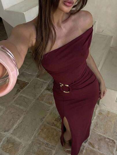 Aloruh Women's Solid Color Asymmetric Neckline High Slit Dress