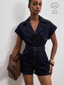 ATUI Studio 女士优雅深V领收腰牛仔连体裤，通勤和办公场合皆宜 - 藍色 - 查看 1