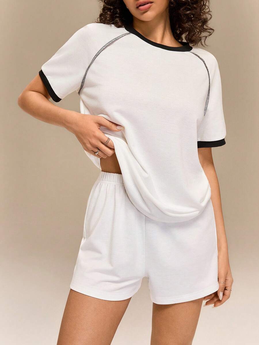 Firalyn 女士撞色圆领插肩袖T恤和短裤休闲两件套 - 彩色 - 查看 1