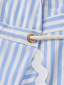 GlowEve Women's Blue & White Striped Waist Tie Irregular Hem A-Line Dress, Charming Elegant Everyday Commute Vacation Fashion Date French Street Retro Versatile Spring Summer Blue White New Mid-Length Short Sleeve Shirt Dress - Multicolor - View 5