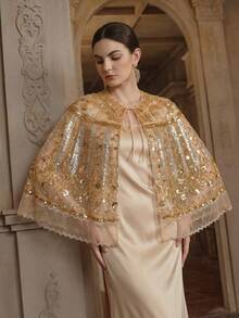 Anewsta Chal elegante con lazo y cuentas para mujer, color dorado - Albaricoque - Ver 5