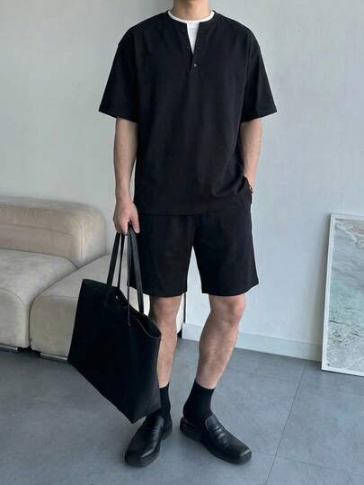DAZY Men's Short Sleeve T-Shirt And Shorts Set, Black Patchwork With White Collar, Summer