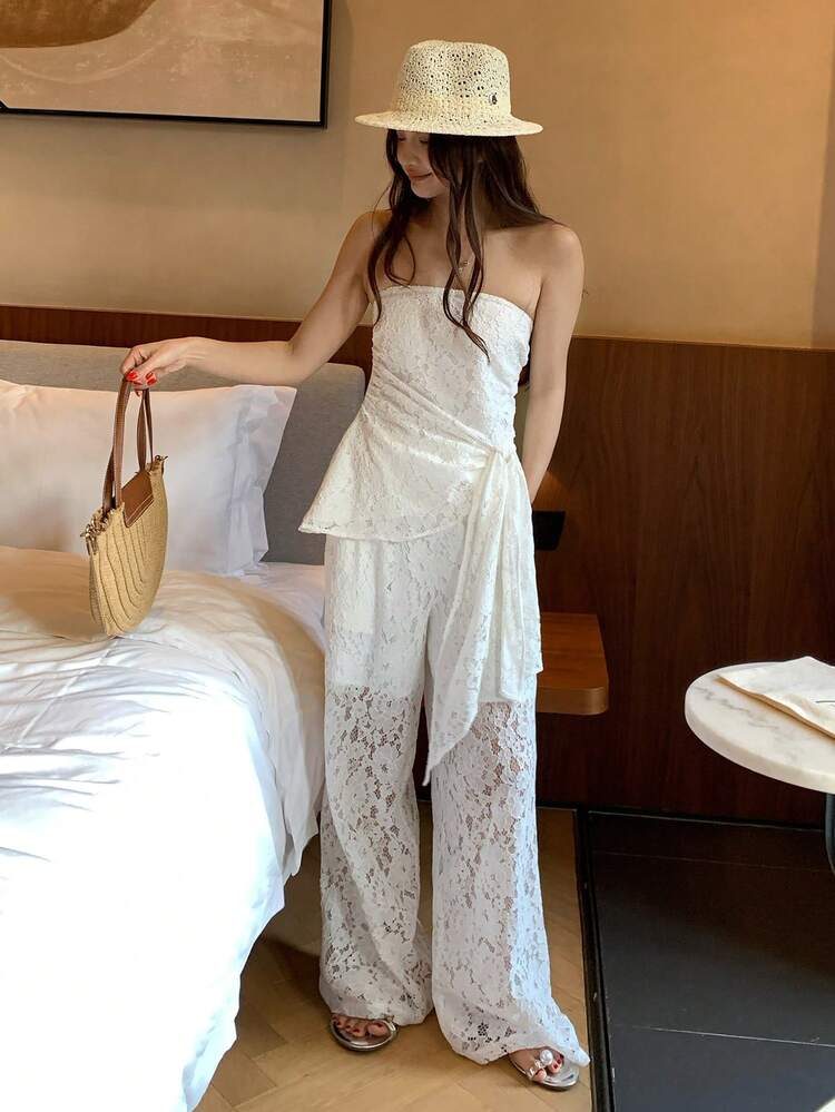 Women's Elegant Lace Camisole Top With Asymmetrical Hem & Tie-Up Wide Leg Pants Summer 2 Pieces Suit