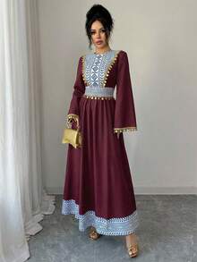 Women's Printed & Sequin Patchwork Round Neck Long Sleeve Arabic Style Dress - Burgundy - View 5